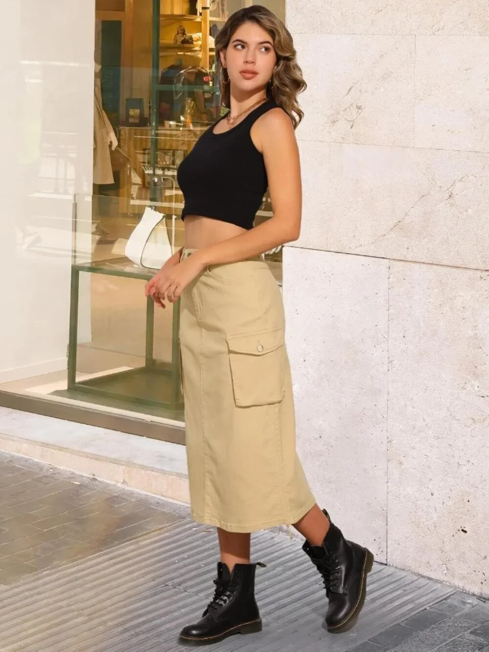 High Waist Midi Denim Skirt for Women | Casual Jean Cargo Skirt with Pockets